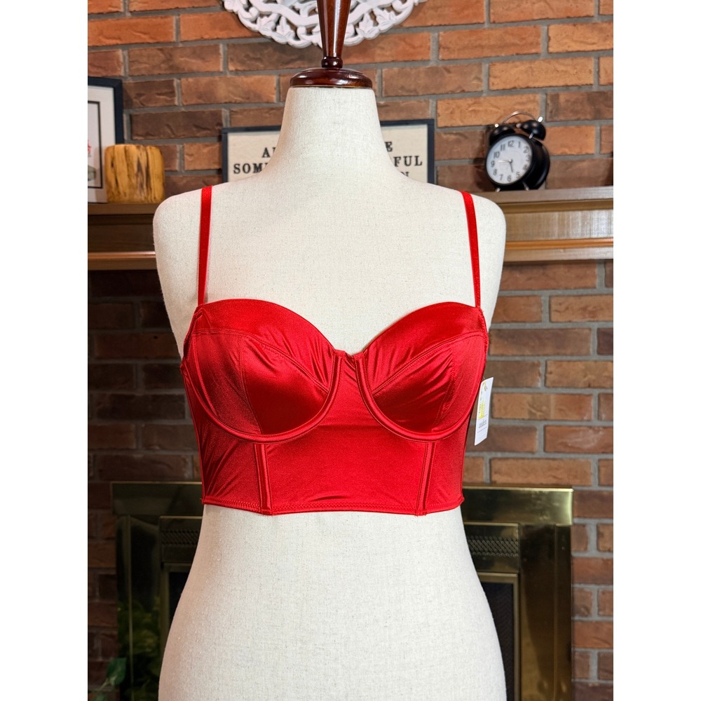 Auden Bustier Crop Top Women Red Satin Underwire Mesh Back Medium NWT